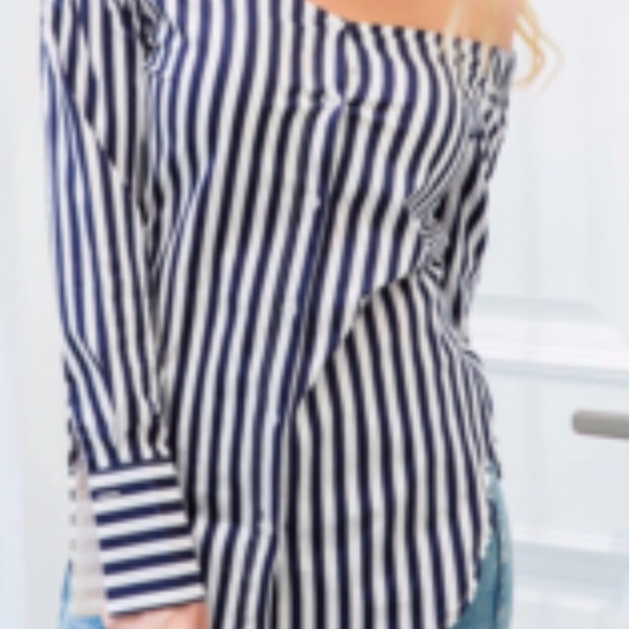 Striped Off The Shoulder Long Sleeve Blouse - Picture 5 of 5